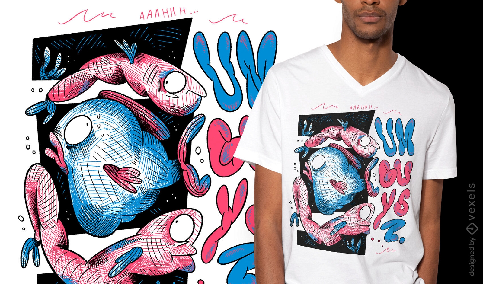 Design de t-shirt de desenho de oceano de natação de peixe