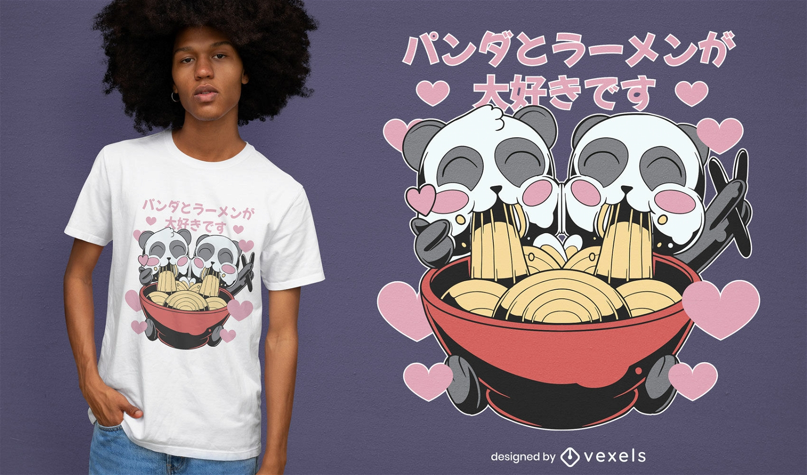Pandas comendo design de camiseta de ramen