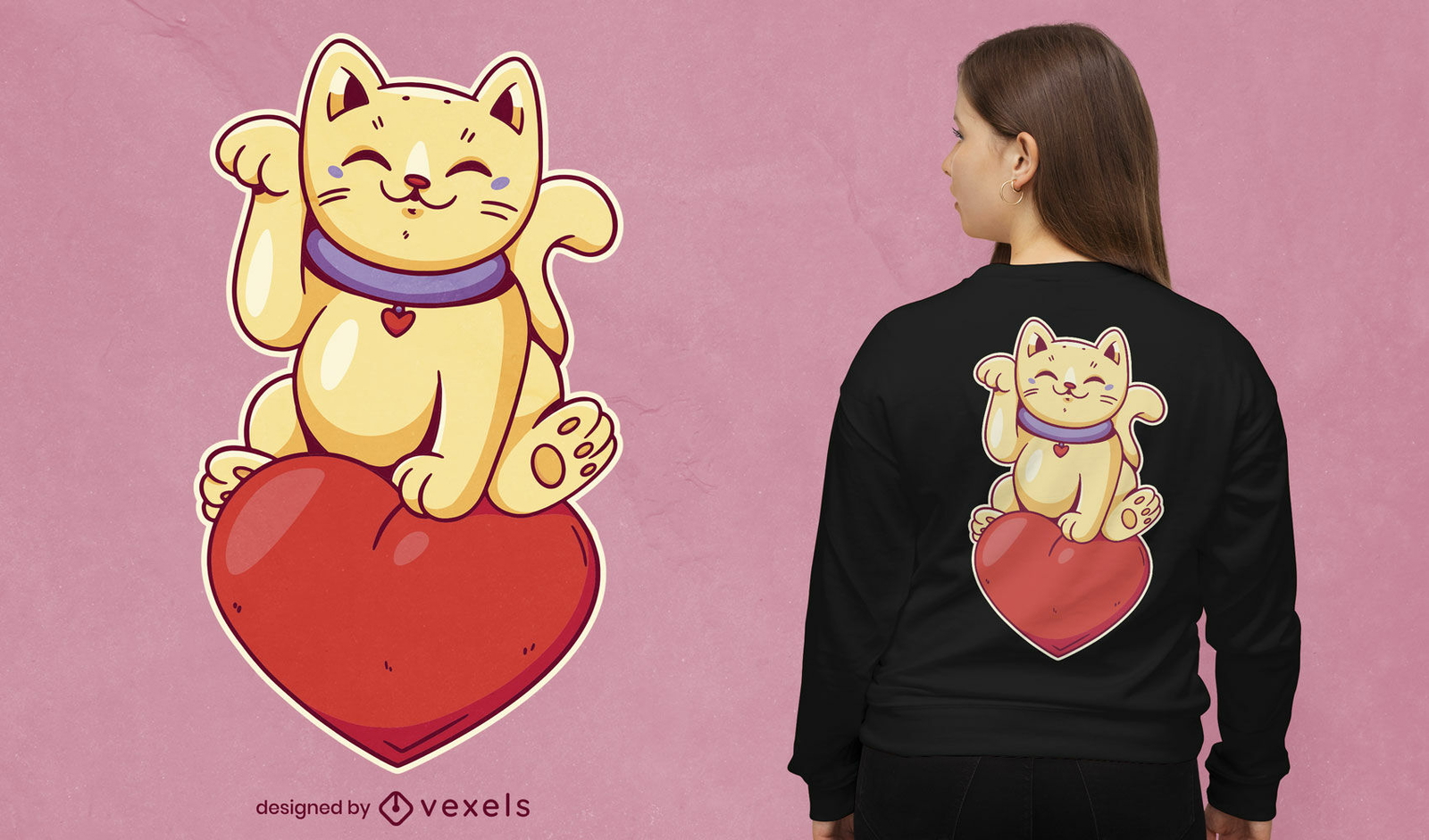 Design de camiseta de coração de gato da sorte