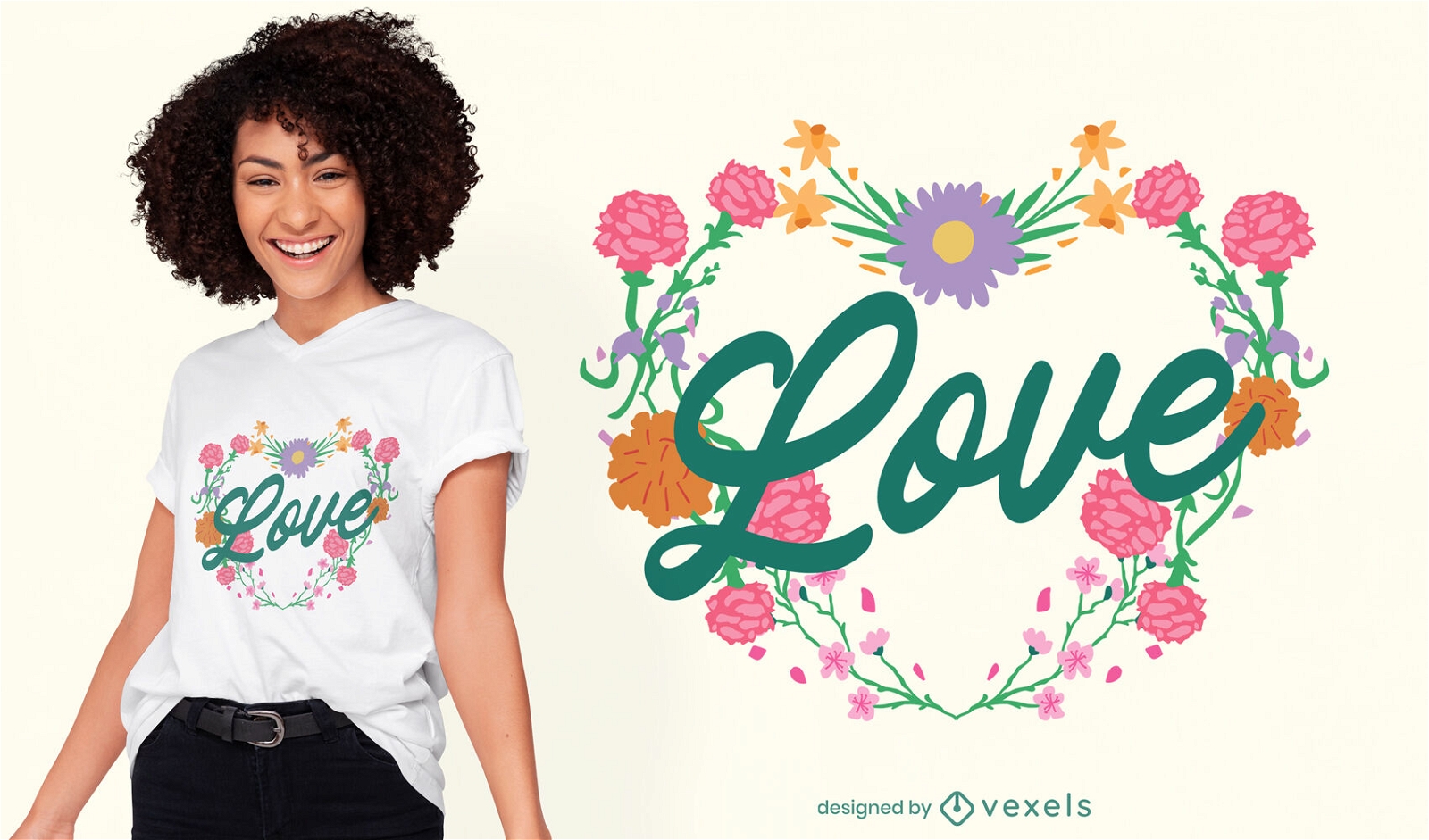 Diseño de camiseta de amor de corazón floral.