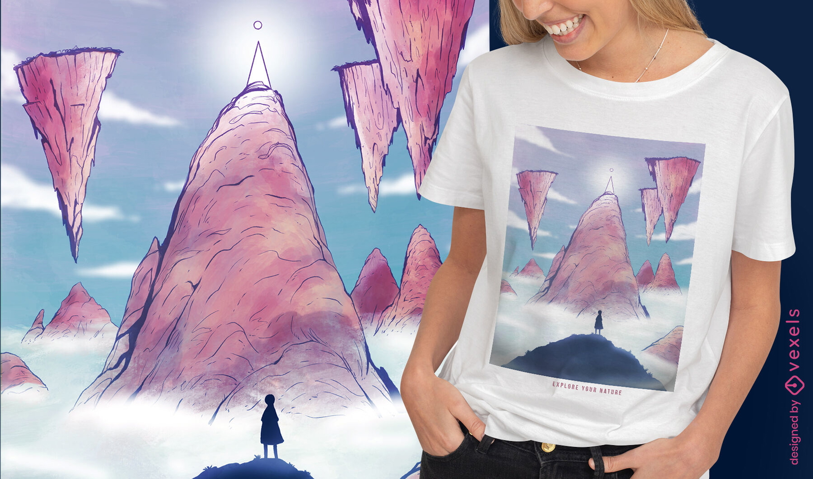 Diseño de camiseta de paisaje de fantasía de islas en nubes.