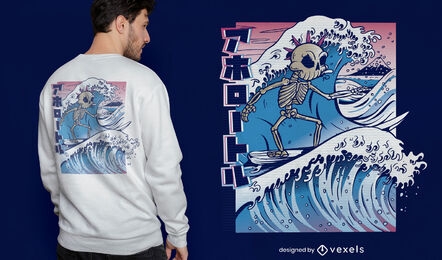 Diseño de camiseta de esqueleto de ola de surf.