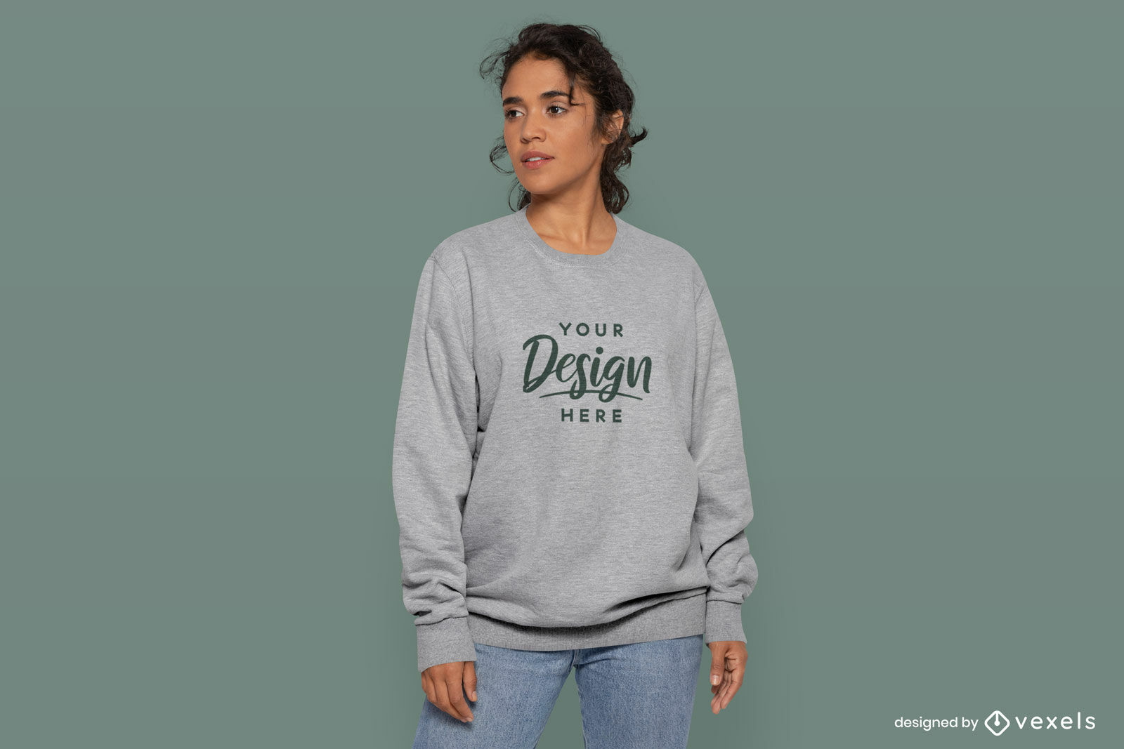 Short hair woman in jeans sweatshirt mockup