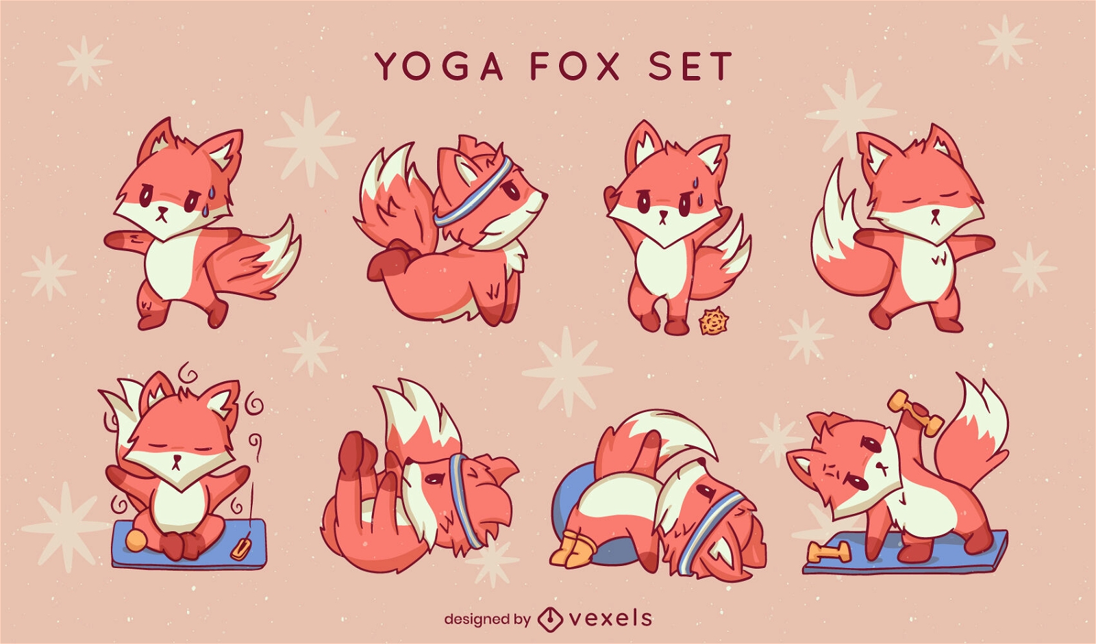 Cute fox animals yoga meditation set
