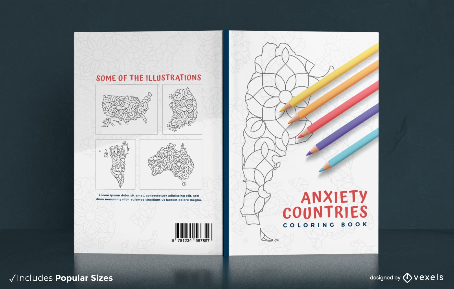 Diseño de portada de libro para colorear de países de ansiedad