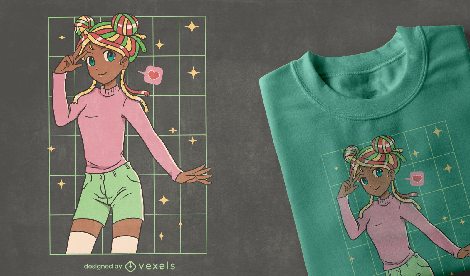 Afro-Mädchen-Anime-T-Shirt-Design