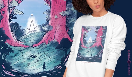Design de camiseta de paisagem de fantasia de floresta