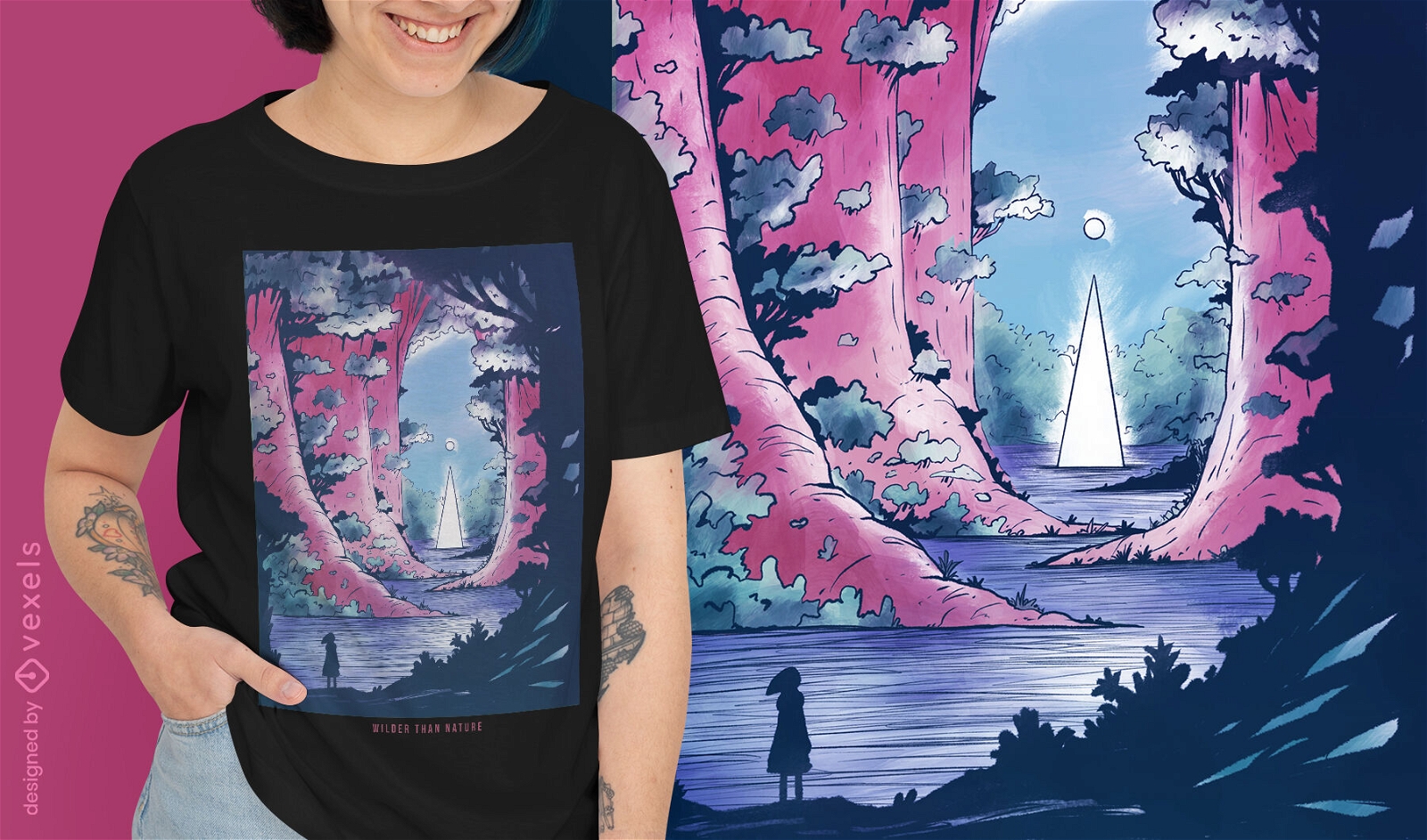 Diseño de camiseta de paisaje de fantasía de árboles gigantes.