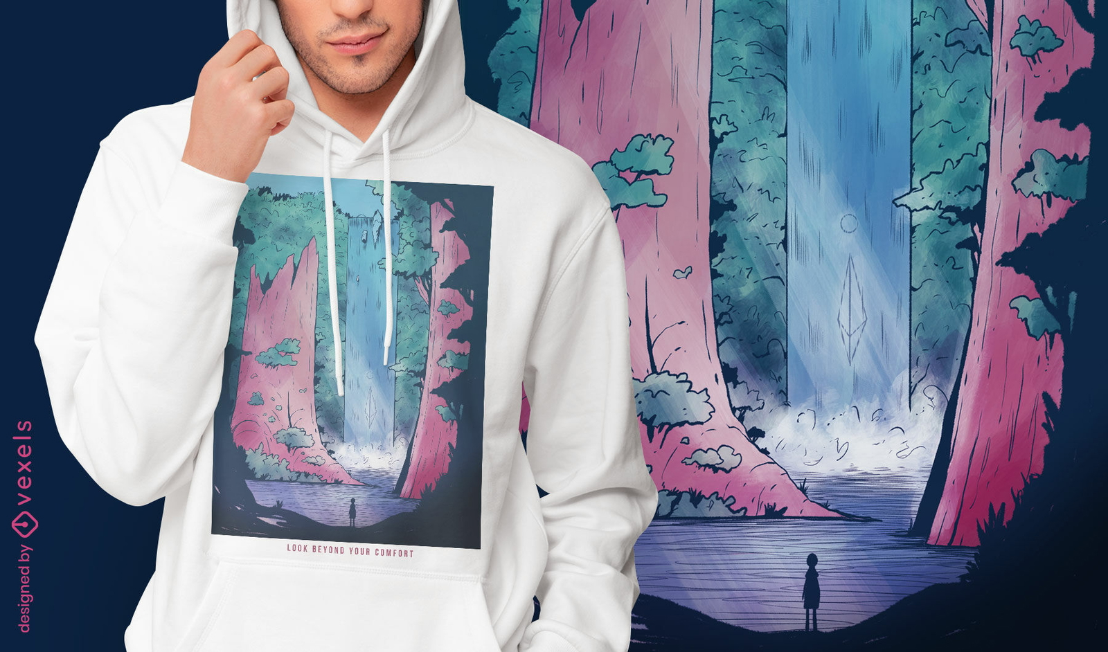 Diseño de camiseta de paisaje de fantasía de cascada.