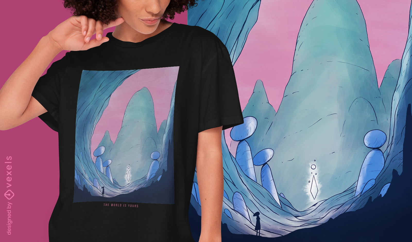 Cueva con diseño de camiseta de paisaje de fantasía de rocas.