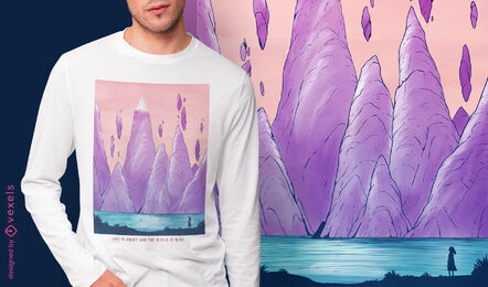 Design de camiseta de paisagem de fantasia de rochas flutuantes