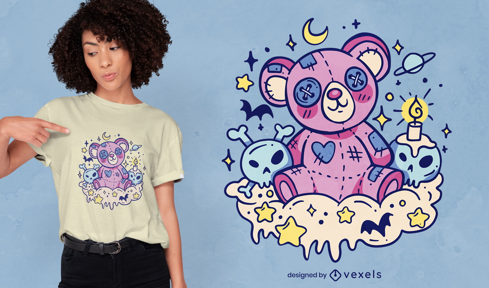 Design de camiseta de ursinho de pelúcia kawaii gótico