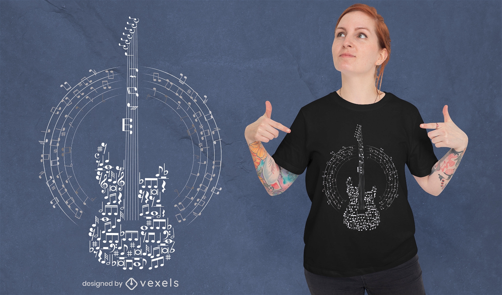 Diseño de camiseta de guitarra de notas musicales.
