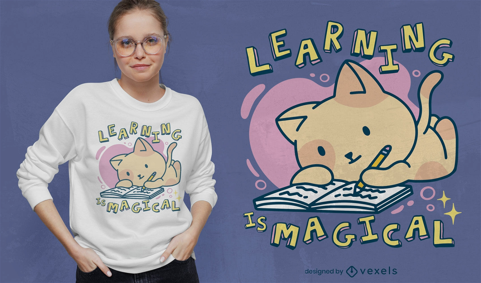 Cute cat writing t-shirt design