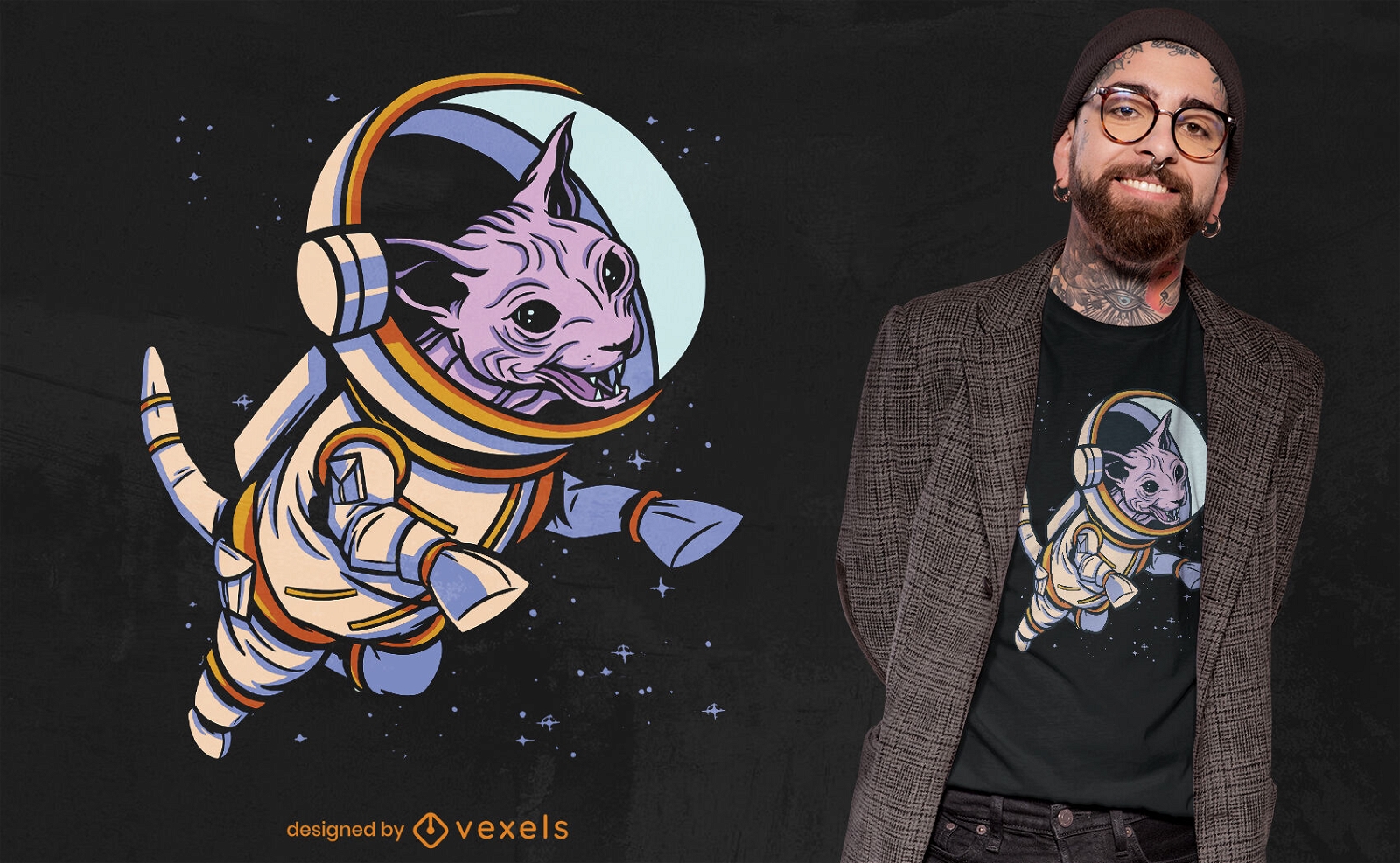 Design de camiseta de astronauta de gato Sphynx