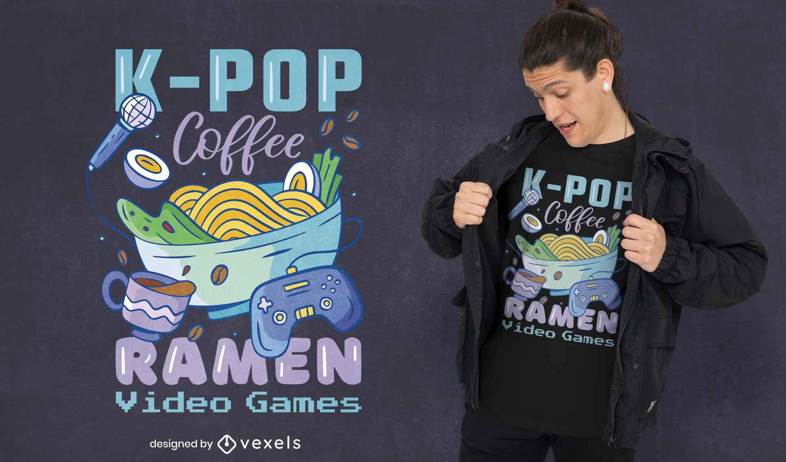 Diseño de camiseta de ramen bowl y joystick