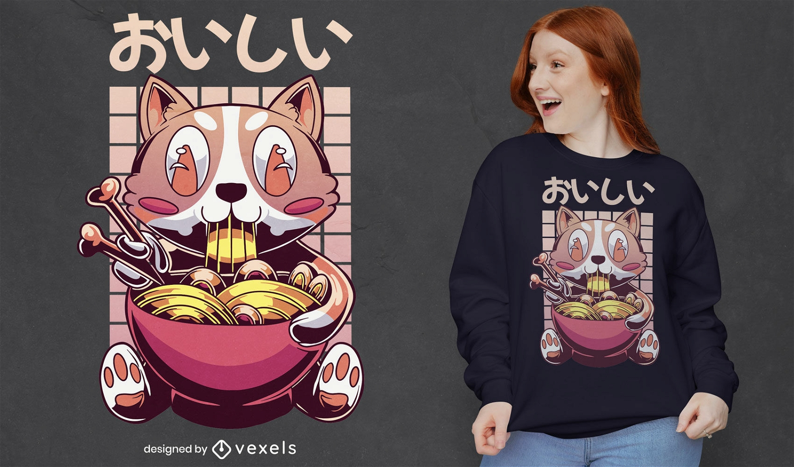 Diseño de camiseta de corgi comiendo ramen