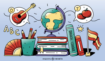 Conjunto de elementos de escola de educação de língua espanhola