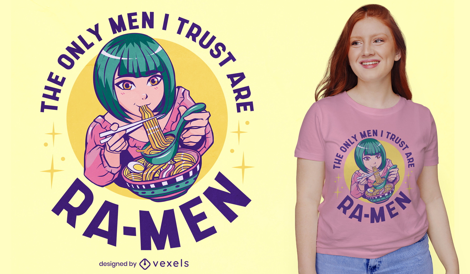 Anime-Mädchen, das Ramen-T-Shirt-Design isst