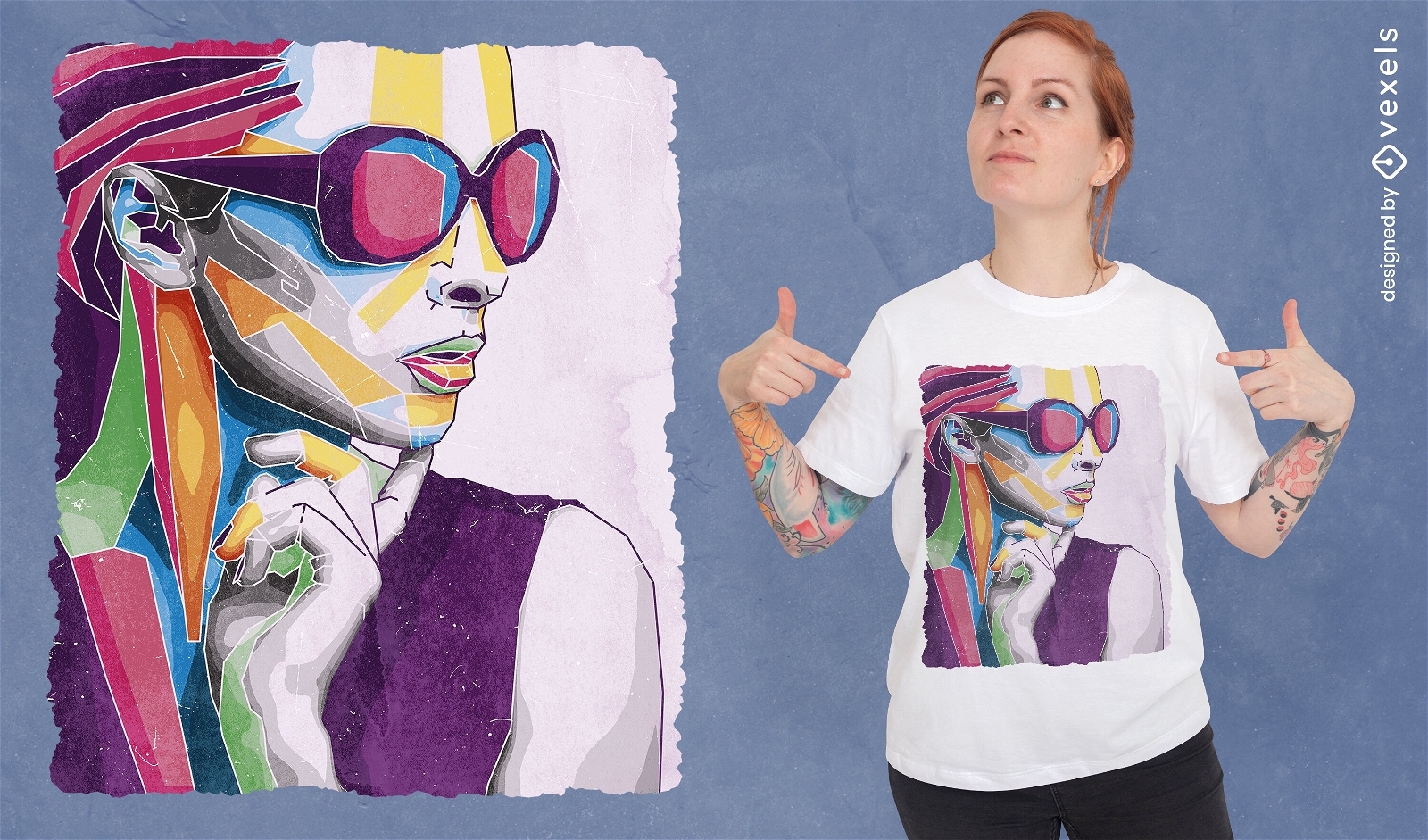 Design de t-shirt de rosto de mulher abstrata colorida