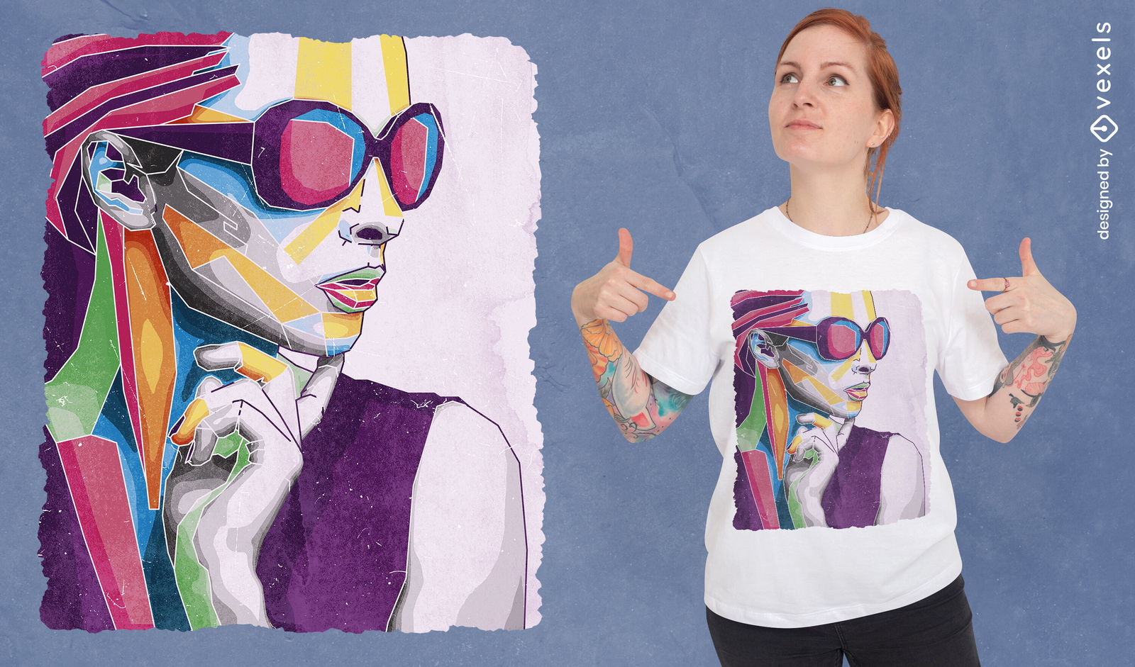 Diseño de camiseta de cara de mujer abstracta colorida