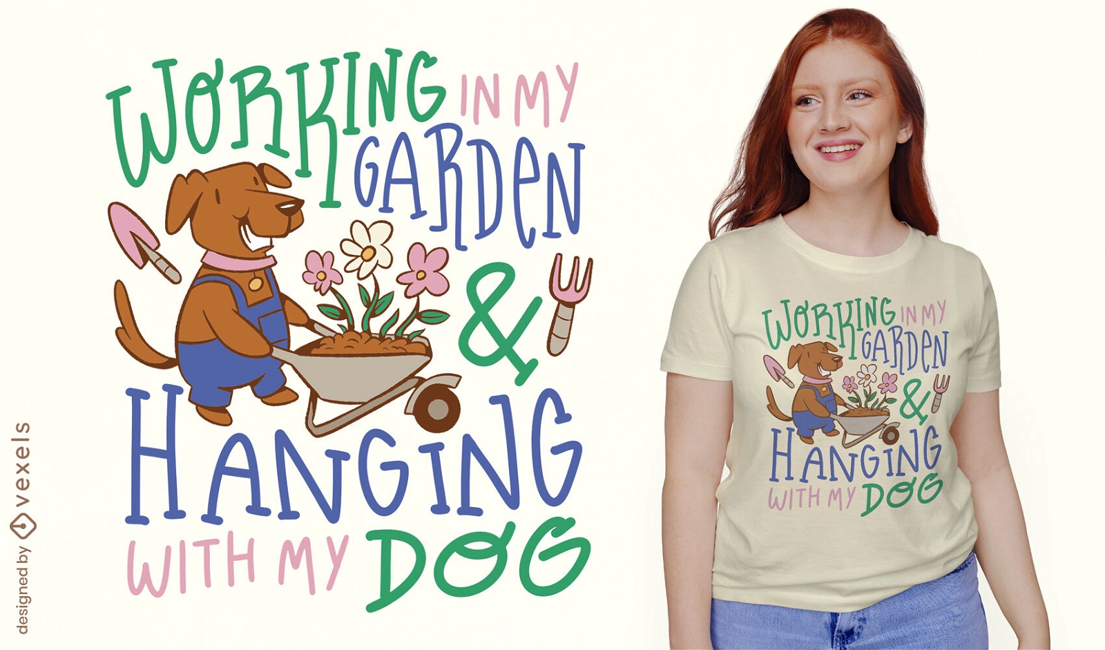 Design de camiseta de jardim e cachorro