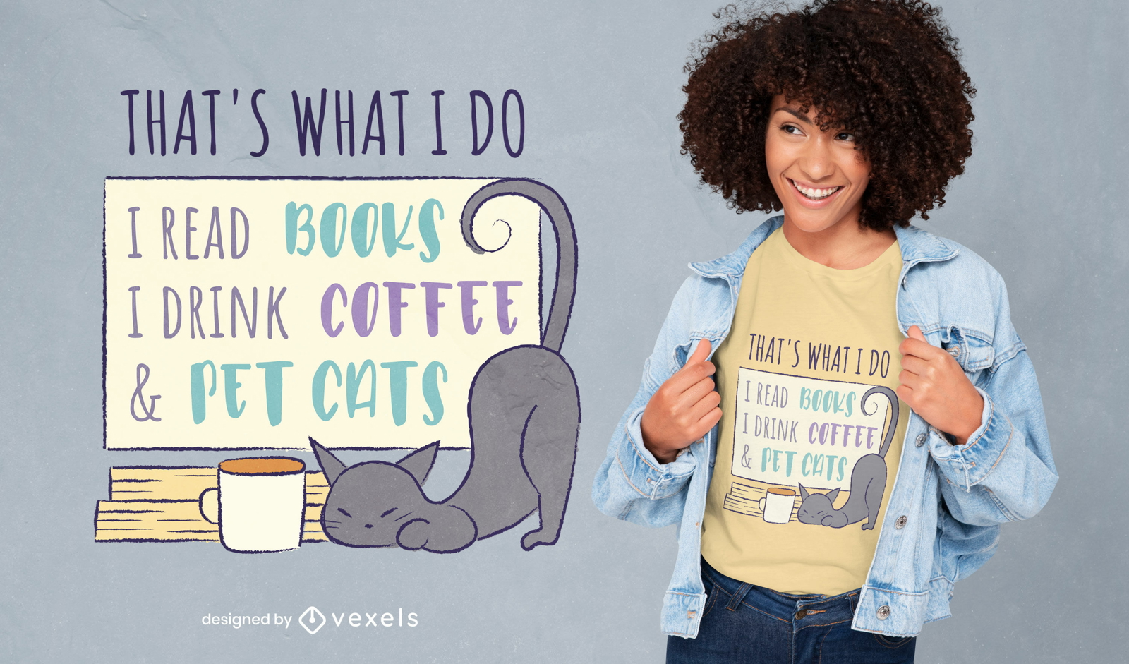 Diseño de camiseta de libros, gatos y café.