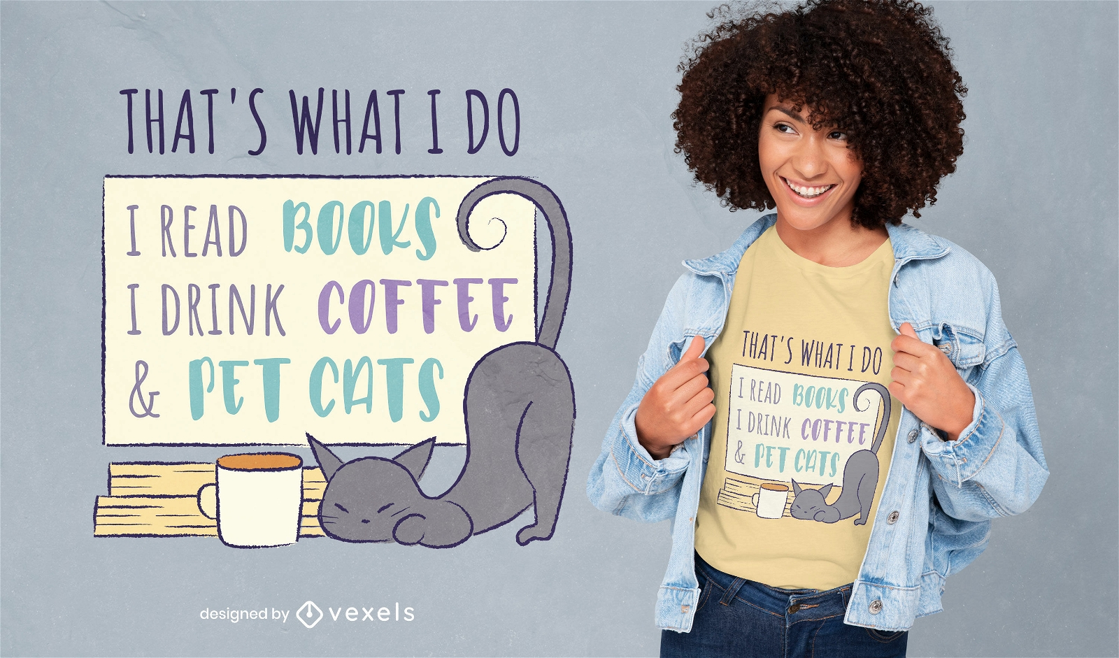 Livros gatos e design de camiseta de café