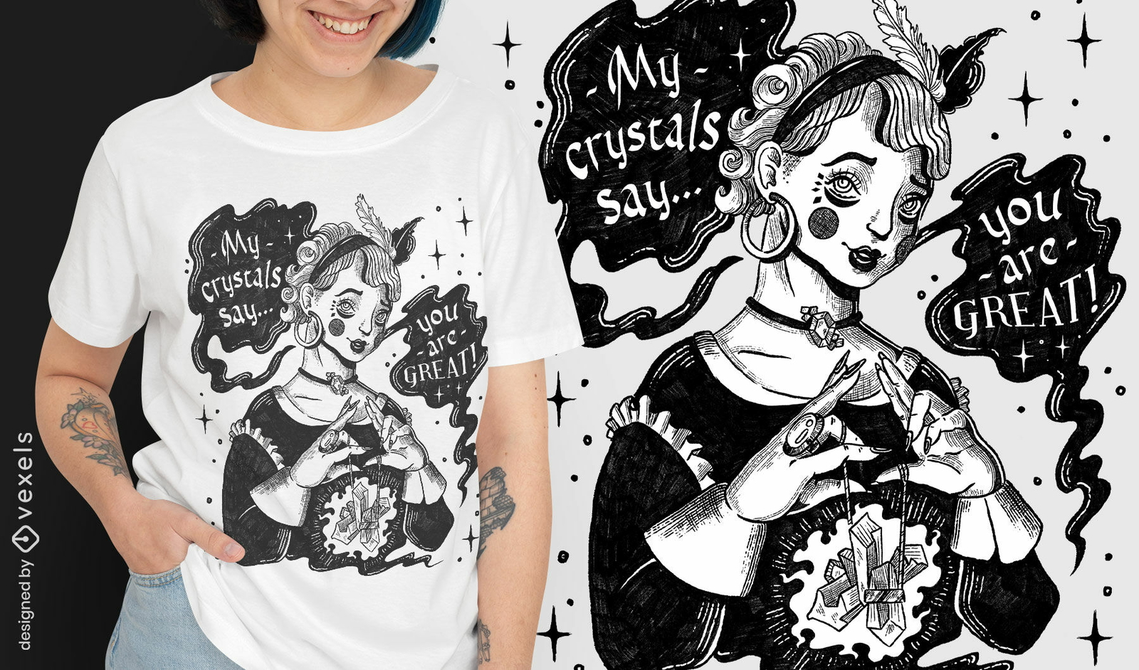 Diseño de camiseta de bruja de cristales mágicos.