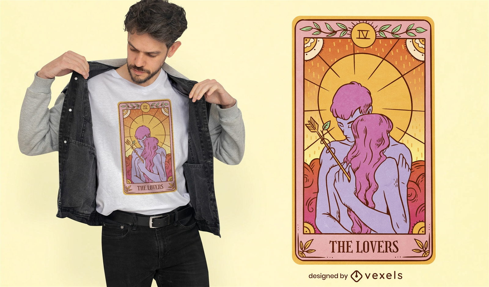 O design de camiseta de cartão de tarô dos amantes
