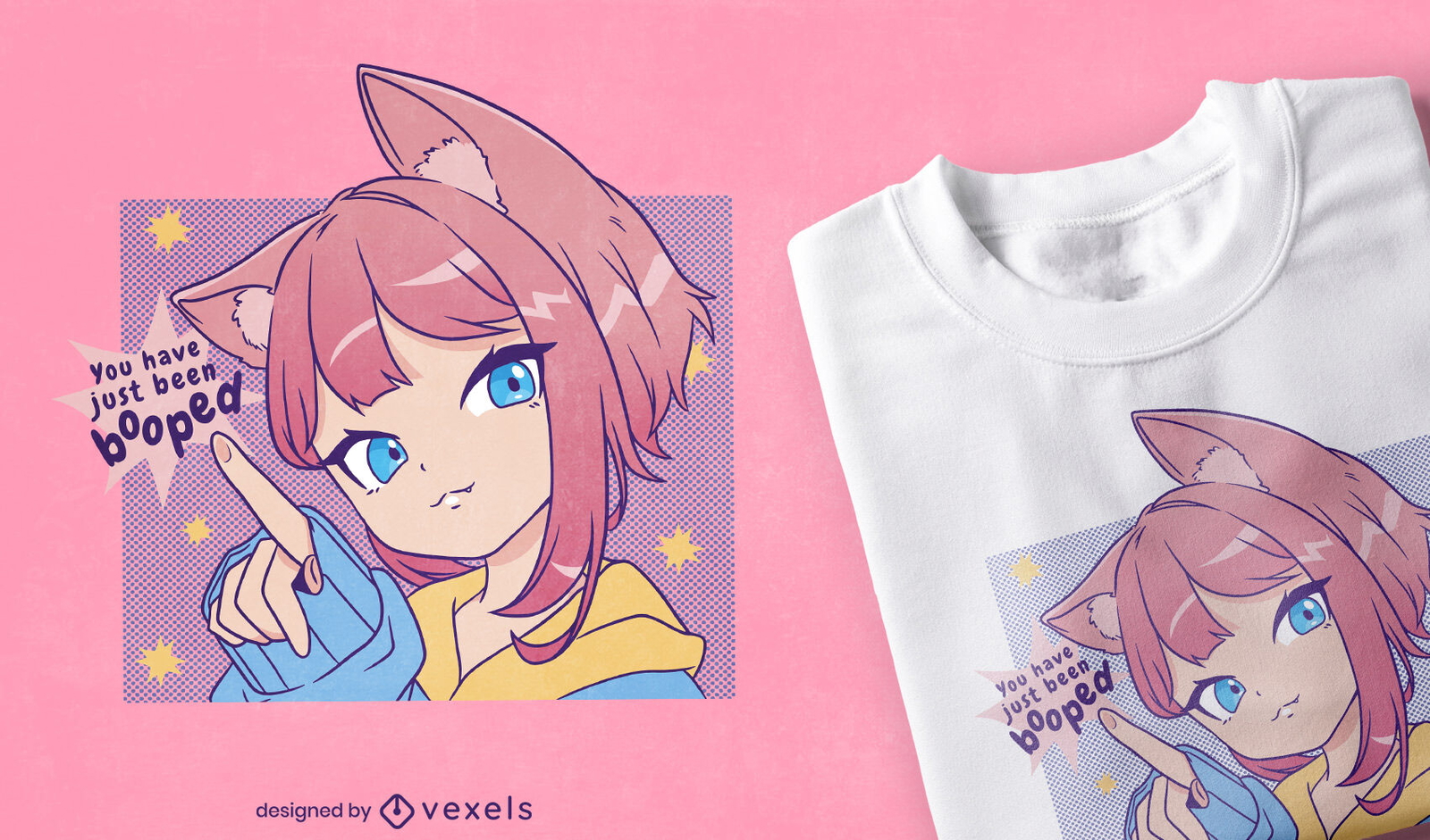 Linda chica anime con diseño de camiseta de orejas de gato