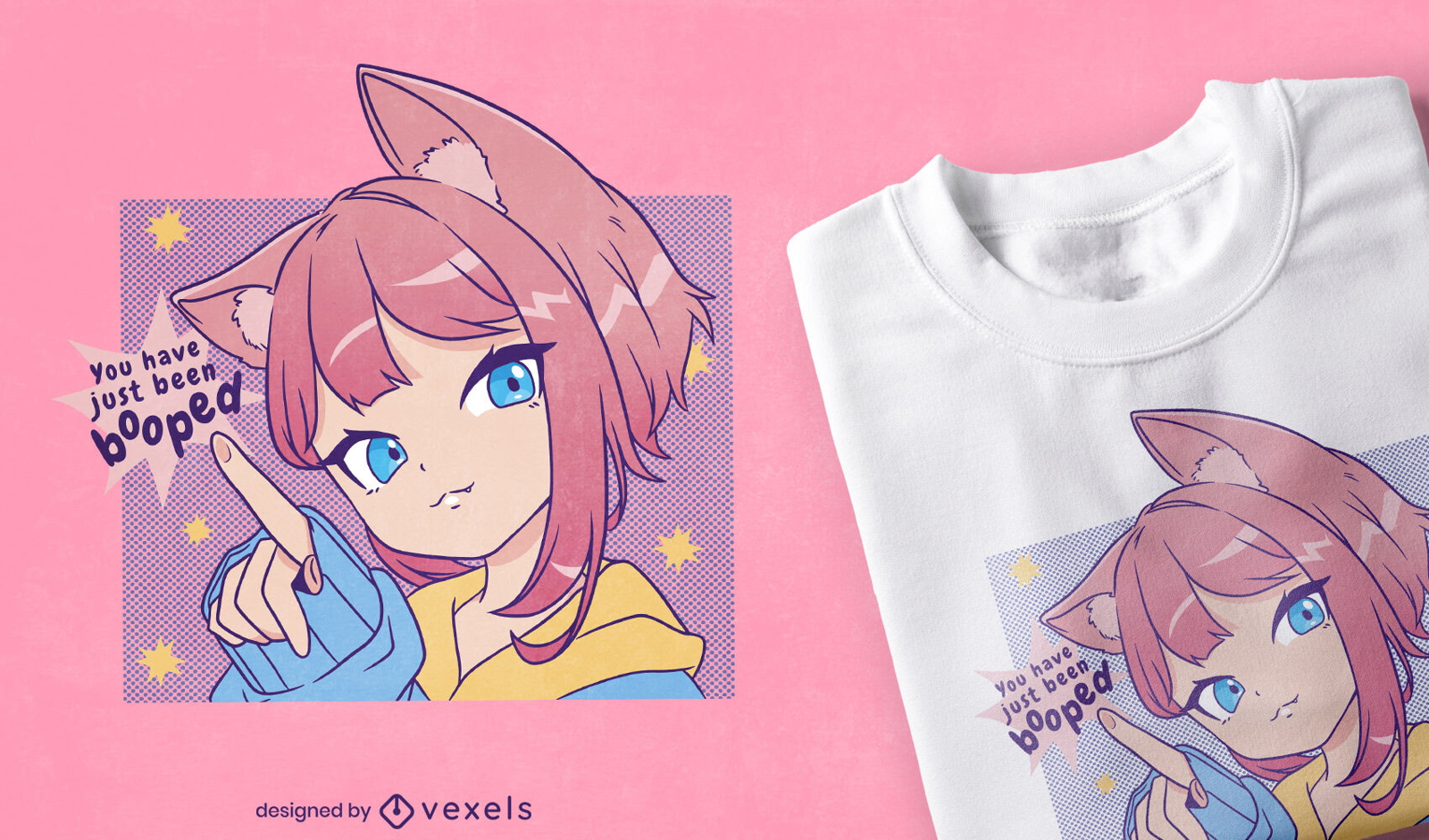 Linda garota de anime com design de camiseta de orelhas de gato