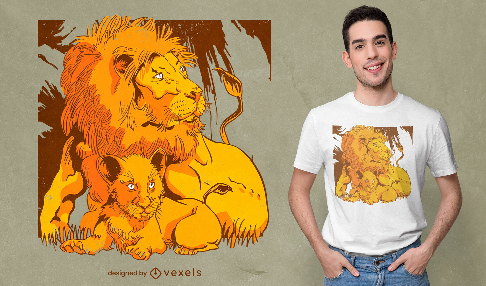 Diseño de camiseta de animales león y cachorro.