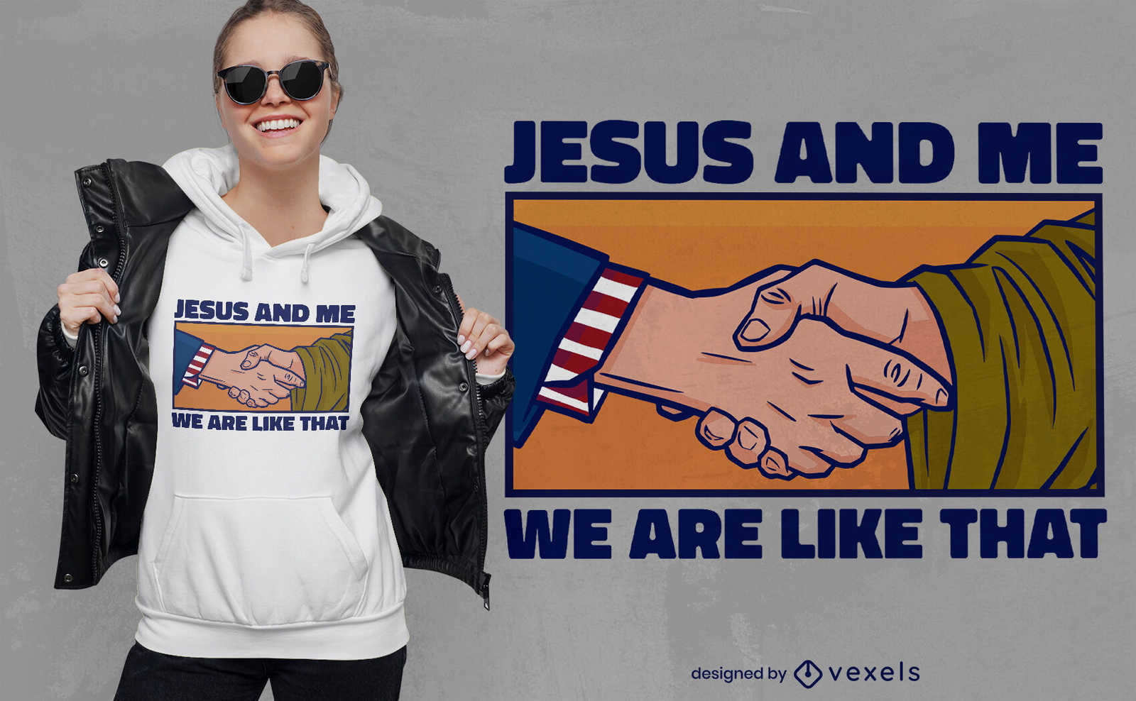 Jesus e design de camiseta de aperto de mão americano