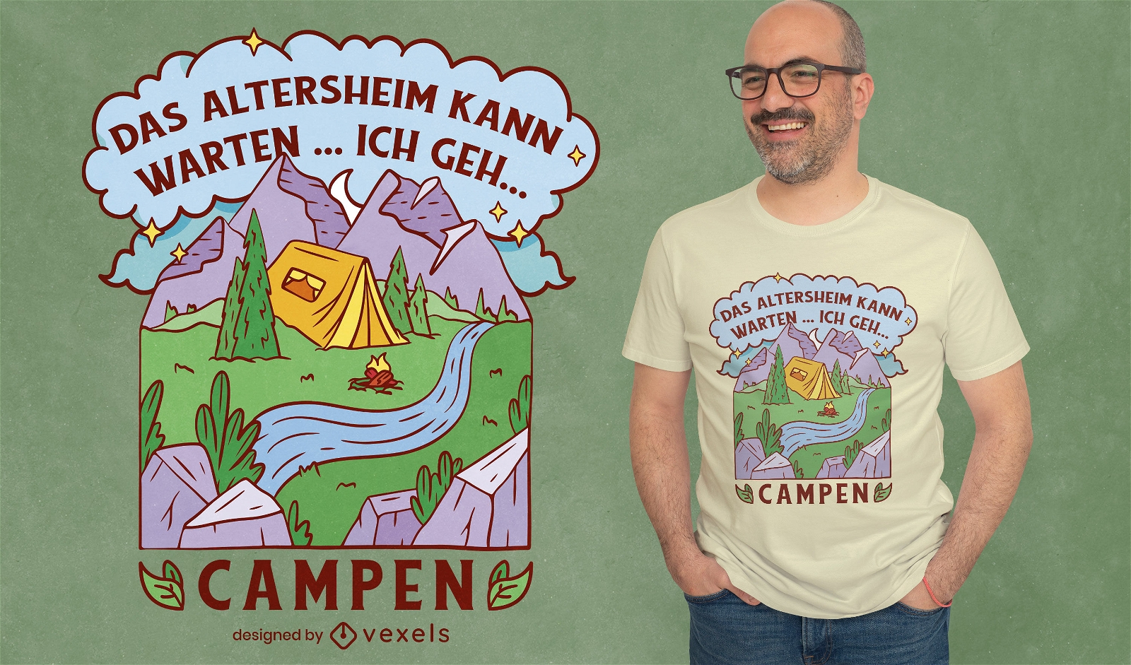 Barraca de acampamento no design de camiseta de montanhas