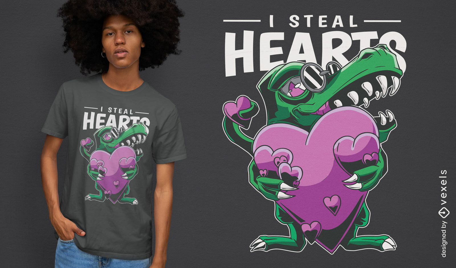 Dinossauro T-rex segurando o design de t-shirt de corações