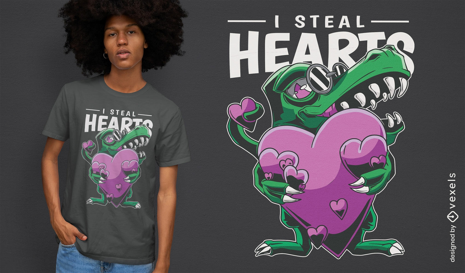 Diseño de camiseta de dinosaurio t-rex con corazones