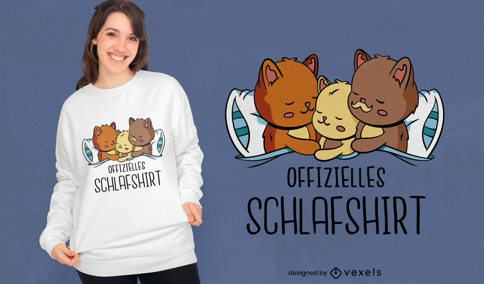 Katzenfamilie, die auf Bett-T-Shirt-Design schläft