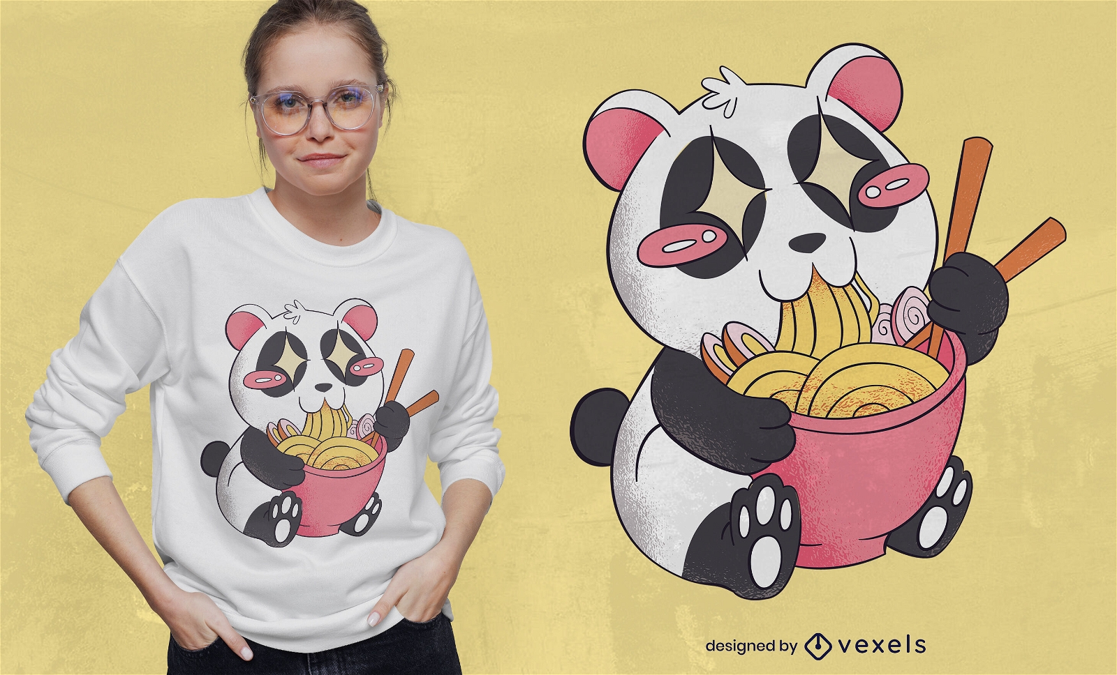 Diseño de camiseta de oso panda comiendo ramen