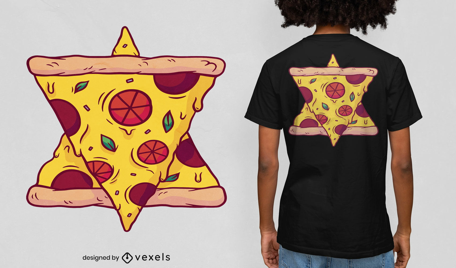 Diseño de camiseta de estrella de pizza de seis puntas.