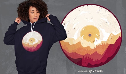 Diseño de camiseta de vinilo con paisaje de montaña.