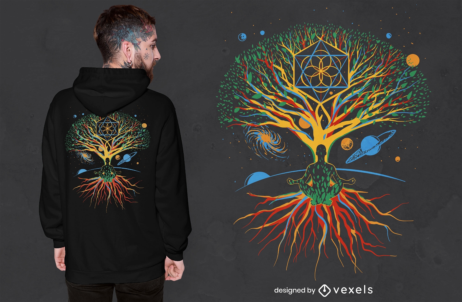Diseño de camiseta de árbol colorido meditando