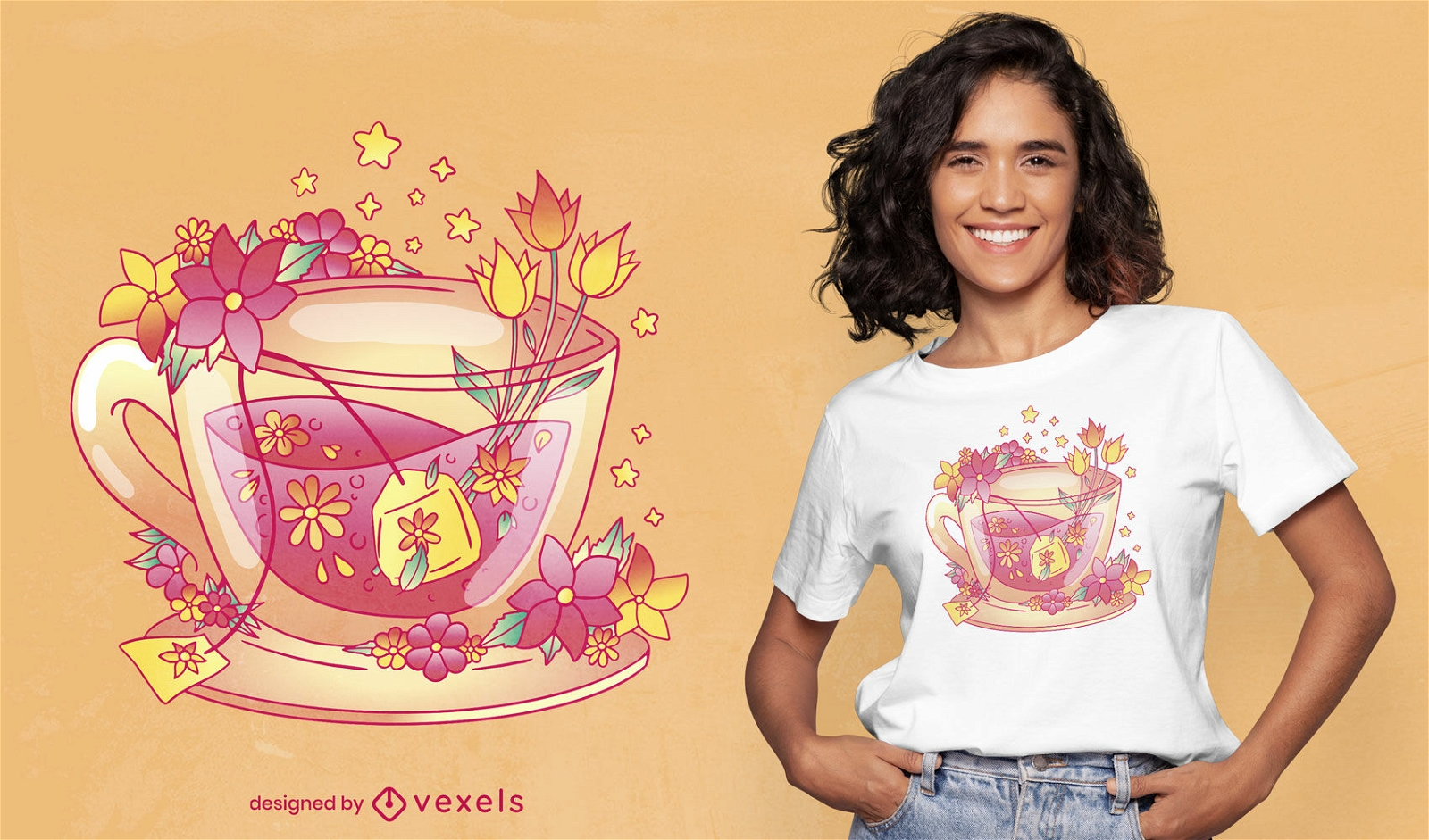 Diseño floral de camiseta de taza de té.