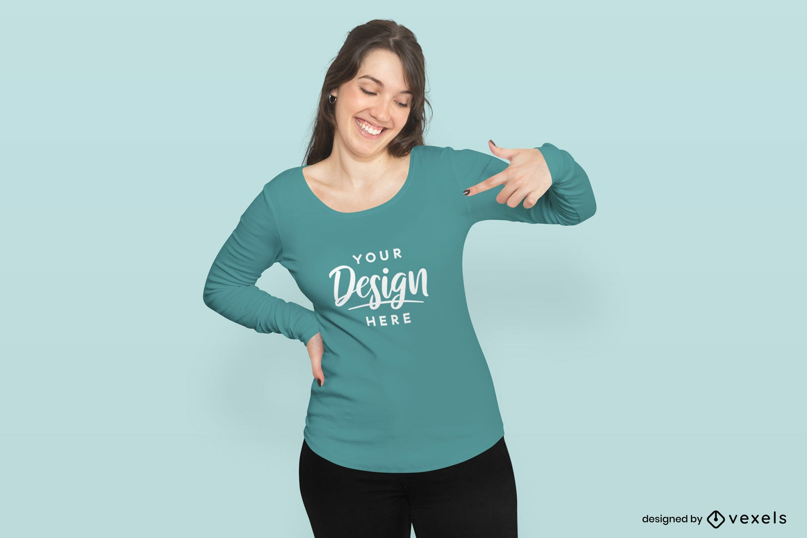 Woman pointing at long sleeves t-shirt mockup