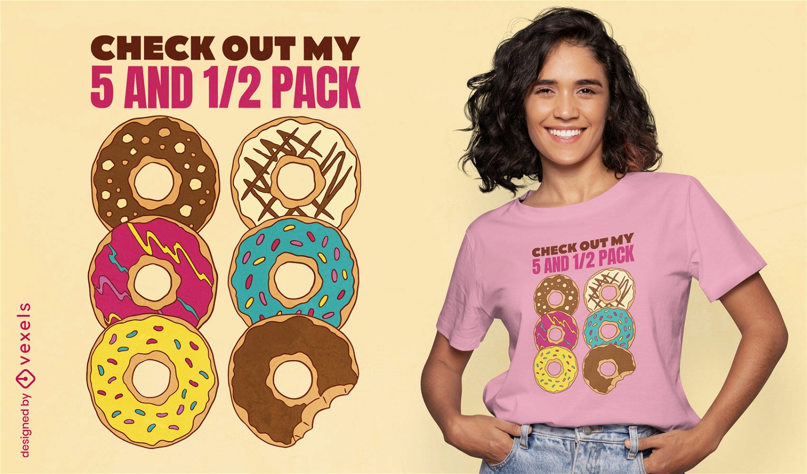 Divertido diseño de camiseta de donuts de seis paquetes