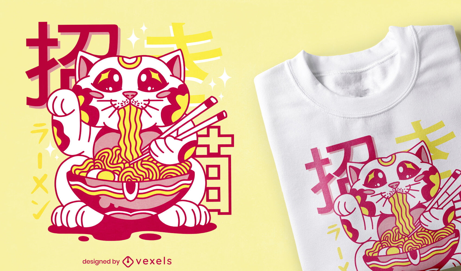 Diseño de camiseta de maneki neko ramen