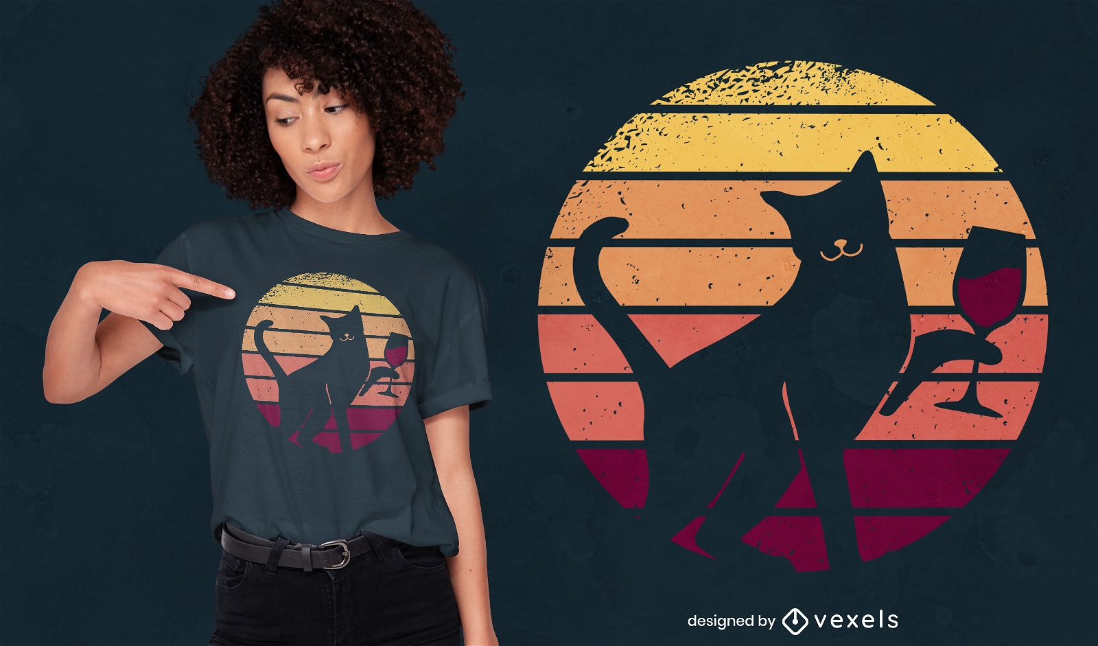 Weinglas-Katze Retro-Sonnenuntergang-T-Shirt-Design