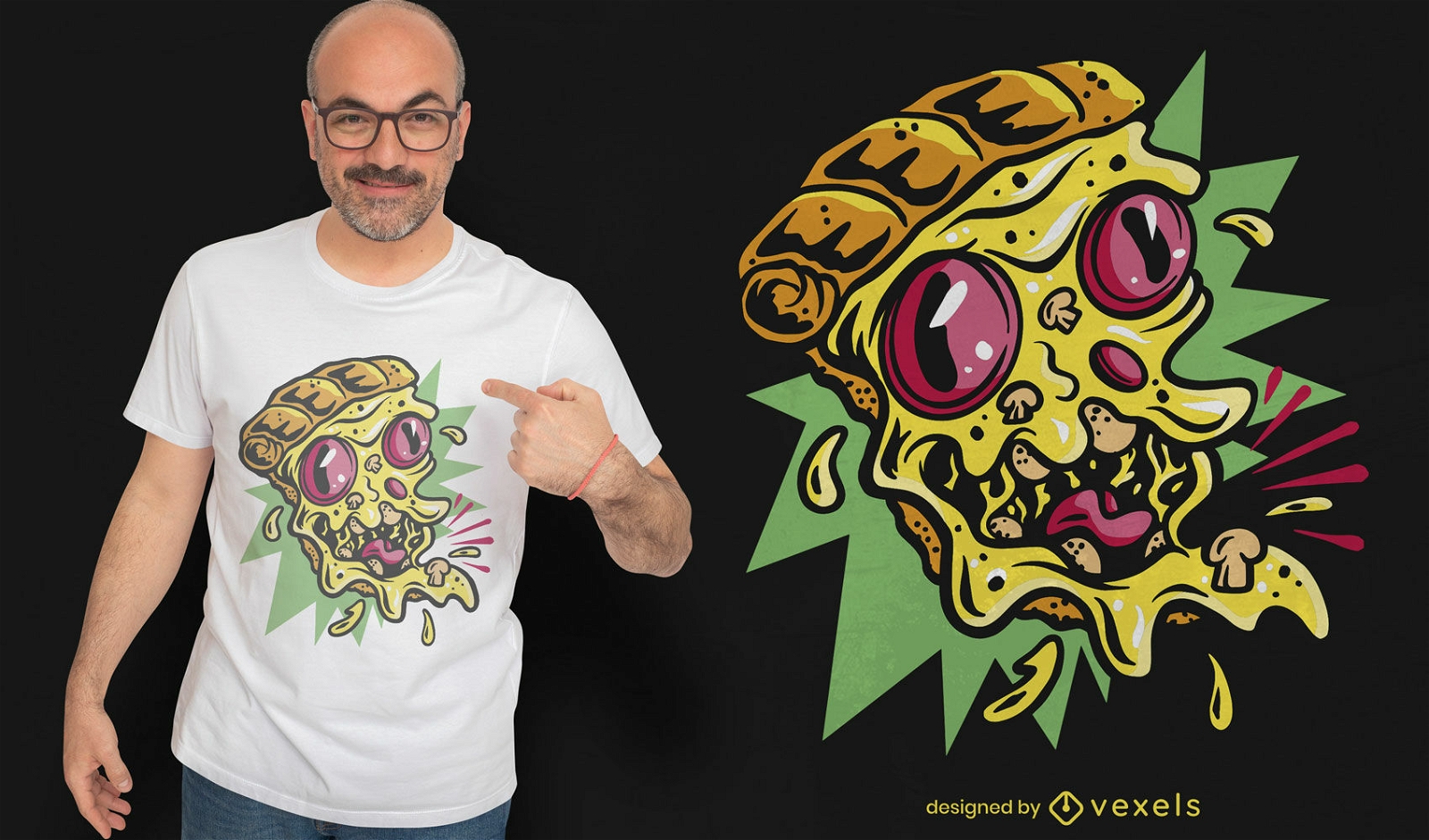 Diseño de camiseta de personaje de pizza trippy