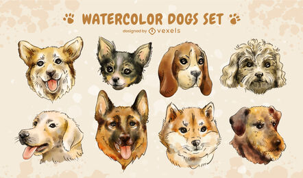 Conjunto de cães em aquarela