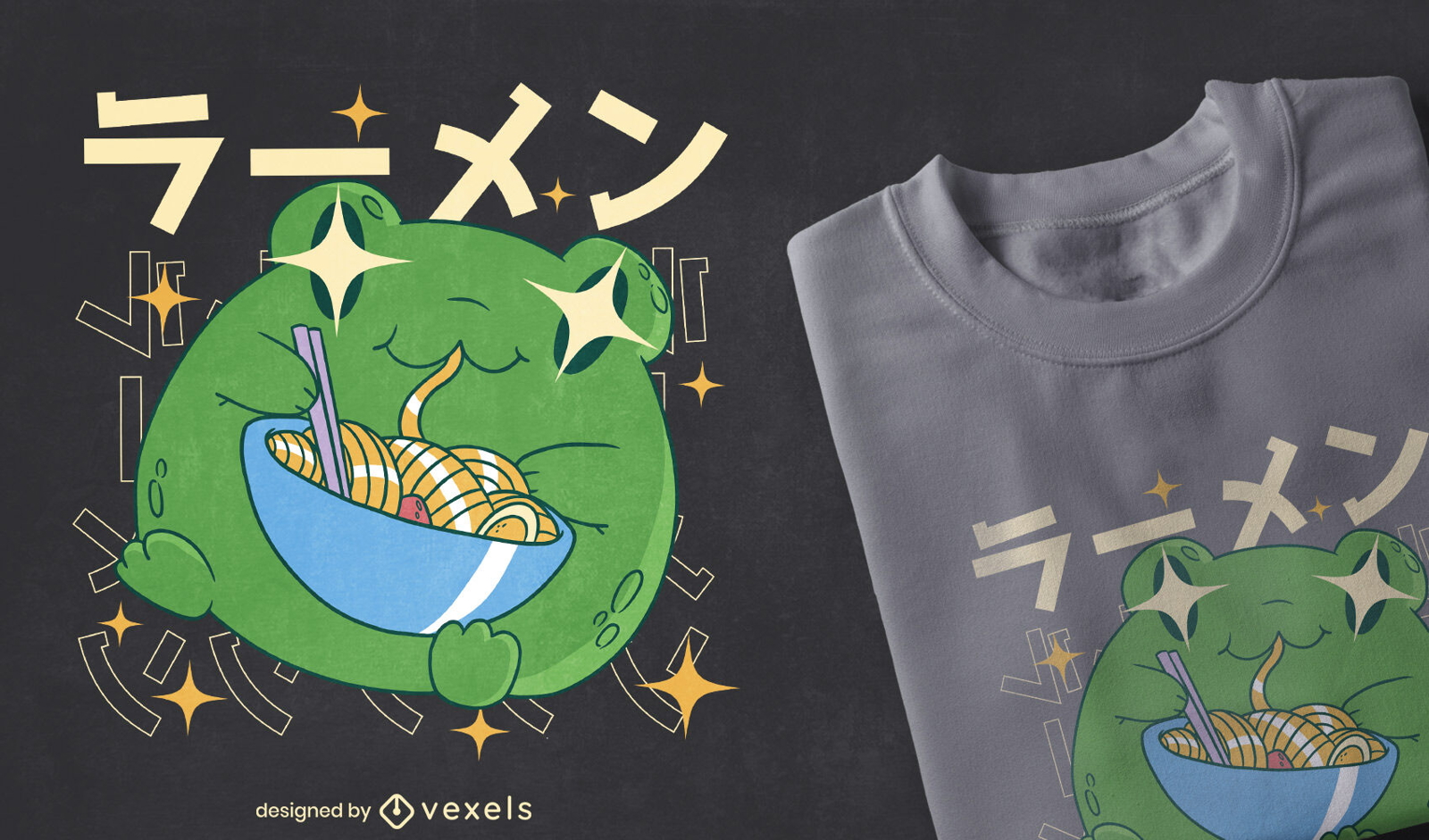 Dise?o de camiseta de rana kawaii comiendo ramen